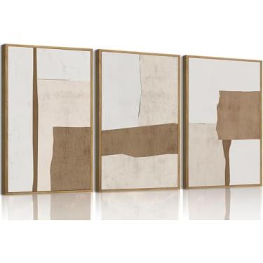 Imagem de KISSFOX Arte de parede emoldurada de 3 peças, decoração de parede abstrata, bege, marrom, imagens modernas, minimalistas, pinturas geométricas, grandes obras de arte para sala de estar, quarto