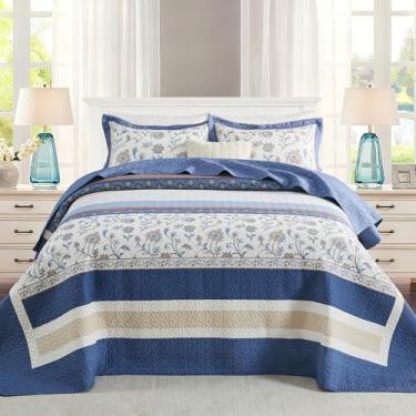 Imagem de FineStichery Colchas King extragrandes 120 x 120, 100% algodão, colcha super king, floral vintage, reversível, leve, conjunto de cama com 2 fronhas, azul marinho/azul claro/marrom