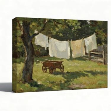 Imagem de Arte de parede em tela de cena de fazenda vintage, quintal com paisagem de varal, decoração rústica de casa de fazenda, pintura a óleo impressionista para cozinha, lavanderia, 20 x 25 cm
