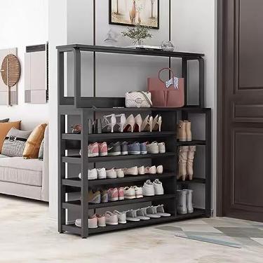 Imagem de NRNQMTFZ Organizador de sapateira empilhável de 6 níveis, prateleira de metal, armário de sapatos para entrada, corredor e corredor, comporta 26-30 pares de sapatos (120 cm/47,2 pol, preto)