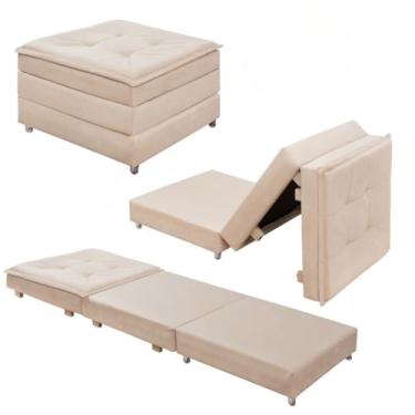 Imagem de Puff Baú Dobrável que Vira Cama Solteiro – Estrutura em Madeira Maciça Pinus, Rodízios e Espuma D23, Suporte 90kg(Bege)