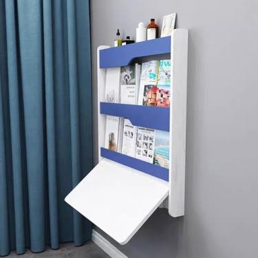 Imagem de Mesa de parede, mesa dobrável de madeira maciça, mesa flutuante com prateleiras de armazenamento, mesa dobrável, estação de trabalho para parede, quarto, espaço pequeno (82 cm/32,2 pol, azul)