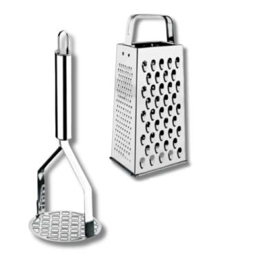 Imagem de Kit 5 Peças Inox Cozinha | Amassador Batata e Alho, Descascador, Espremedor Limão e Ralador 4 Faces(KIT 2 PEÇAS RALADOR + BATATA)