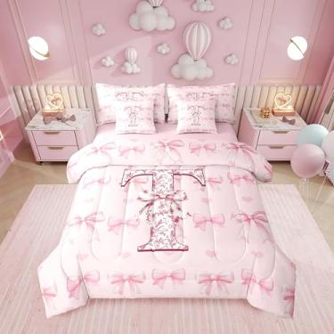 Imagem de Erosebridal Conjunto de cama solteiro de 7 peças, letra T, laço rosa, alfabeto | Conjunto de edredom de flores kawaii com laços de coração de amor, cama personalizada em uma bolsa, conjunto de cama