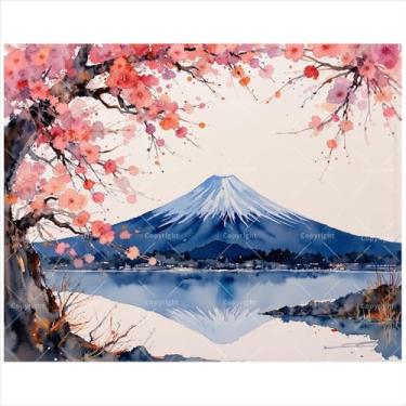 Imagem de Kit de pintura de paisagem japonesa por números para adultos - DIY Mount Fuji e pintura de flores de cerejeira em tela, 30 x 40 cm, conjunto de tinta acrílica emoldurada, adequado para iniciantes