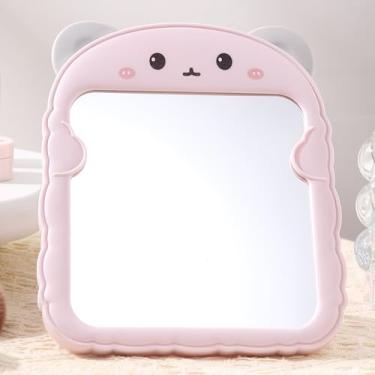 Imagem de Espelho de maquiagem dobrável suspenso de alta definição desenho animado orelha de gato espelho de vaidade estudante dormitório conveniente espelho de plástico atacado (orelha de urso rosa)