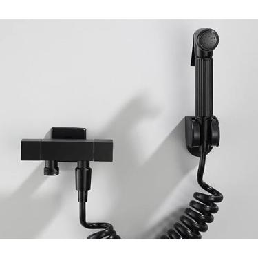 Imagem de Bidê preto fosco chuveiro latão sólido portátil bidê pulverizador para vaso sanitário única água fria chuveiro válvula de canto torneiras bidê (FXF01-SA)