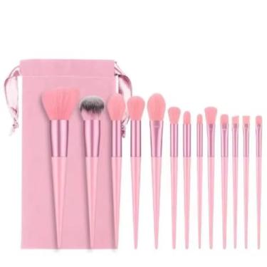 Imagem de Kit com 13 Pincéis de Maquiagem Profissionais para Base Pó Blush Contorno Iluminador Sombra e Esfumado Cerdas Macias Uso Facial Completo (Rosa)
