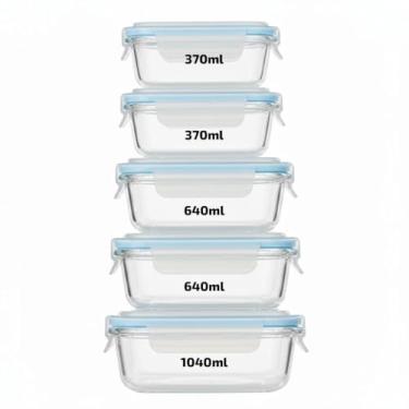 Imagem de Kit de Potes Herméticos de Vidro com Tampa 5 Peças - 2 unid 370ml, 2 unid 640ml, 1 unid 1040ml – Vidro Temperado, Livre de BPA – Para Armazenamento de Alimentos Perfeito para Marmita e Organização