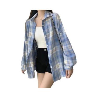 Imagem de Camisa Jaqueta Feminina Oversized Xadrez Tartan Manga Longa Com Botões