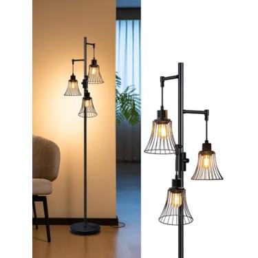 Imagem de Luminária de chão moderna regulável preta para sala de estar quarto canto decoração de casa rústica vintage industrial 175,3 cm de altura com abajur de sino, 3 lâmpadas LED quentes que cuidam dos