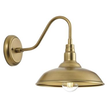 Imagem de GOALPLUS Luz de celeiro pescoço de ganso de 25,4 cm para casa de fazenda, luminária exterior de latão estilo celeiro com suporte de parede, arandela de parede externa de pescoço de ganso para porta da