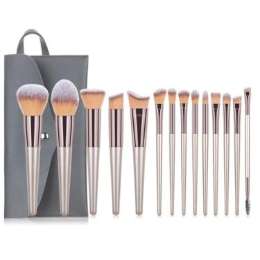 Imagem de Conjunto de pincéis dourados champanhe, 14 peças, pincel de blush, sombra para contorno de sobrancelha, ferramenta de maquiagem em pó solto (inclui bolsa de armazenamento)