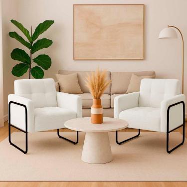 Imagem de Poltrona Sala Industrial Alta Tubo Preto Kit 2 Elisa Bouclê Off White D03 - D'rossi