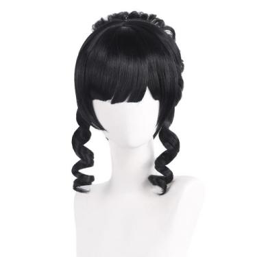 Imagem de Peruca de cosplay preta encaracolada com franja 35cm sintética - yiwei