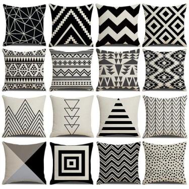Imagem de Conjunto de fronhas: preto, branco, geométrico, linho, 45x45cm, 16 uni