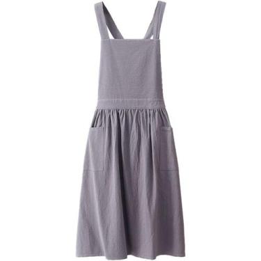 Imagem de Vestido de avental de algodão lavado com alças de ombro para mulheres 