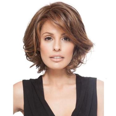 Imagem de Peruca de cosplay curta marrom ondulada com aparência natural para mul