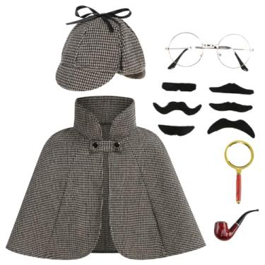 Imagem de AGCOAH Fantasia infantil Sherlock Holmes cor café escuro fantasia de detetive meninas 6 peças com chapéu e bigode disfarce lupa Halloween cosplay vestido 19,7 polegadas (3-12 anos)