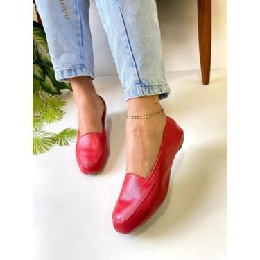 Imagem de Mocassim Feminino Vermelho Couro Legítimo Confort Sapatilha Bico Quadr