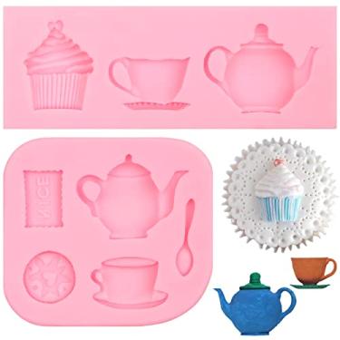Imagem de Moldes de silicone Tea Party 2 peças, molde de fondant de chá da tarde para decoração de bolo, açúcar doce, topo de cupcake, bolo pop, picolé, artesanato de argila de polímero