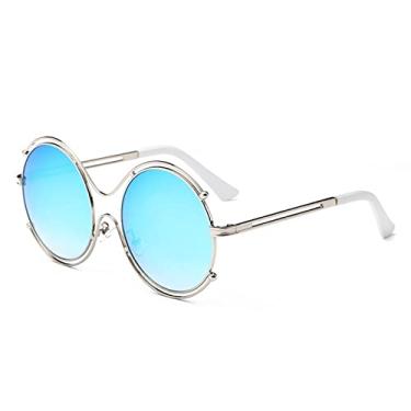 Imagem de Óculos de Sol Feminino Espelho Lente Redonda Tons Armação de Metal Óculos de Sol Feminino Estilo Verão Óculos Duplo Círculo, C04 Sliver Azul, Embalagem B