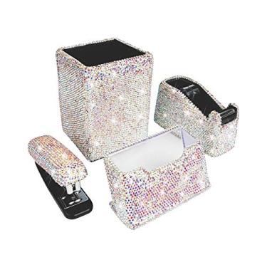 Imagem de Bling Crystal Luxury Handmade Diamond Square Pencil Pen Pot Holder & Grampeador e Suporte de Cartão e Dispensador de Fita de Mesa Kit de Papelaria de Escritório para Meninas da Moda e Mulheres (Cor