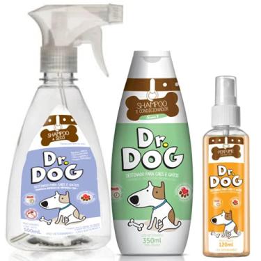 Imagem de Kit Banho Pet: Shampoo e condicionador anti al�rgico e anti odor 350ml+ banho a seco C�o Gato limpa patinhas 500ml+ 1 Perfume amadeirado hipoalerg�nico 120ml Dr. Dog