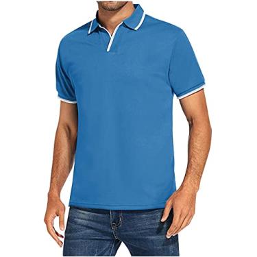 Imagem de Blusa masculina de manga curta para verão outono gola alta slim túnica básica camiseta masculina 2024, K-248 Azul royal, XG