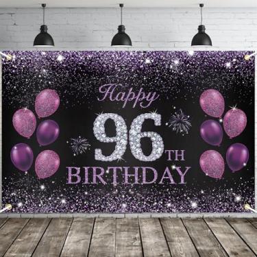 Imagem de JOYKY Banner de feliz aniversário de 96 anos, roxo, decorações de festa de 96 anos para mulheres, decoração de pano de fundo de suprimentos de aniversário de 96 anos, 15 x 9 metros