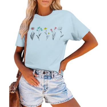 Imagem de Hetdevi Camisetas femininas com estampa de flores silvestres de jardinagem fofas para amantes de plantas, camisetas boêmias, casuais, presentes, Azul claro, GG