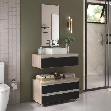 Imagem de Kit gabinete banheiro creta 80cm + cuba sobrepor + espelho madeirado/p