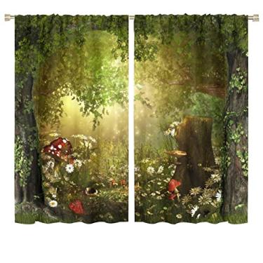 Imagem de Cortinas Dream Forest Lindas e Encantadoras Conto de Fadas Floresta Exuberante Terra Cogumelo Flores Adequado para Cozinha Blackout Cortinas de Janela Decoração 2 Painéis Verde 182 x 160 cm