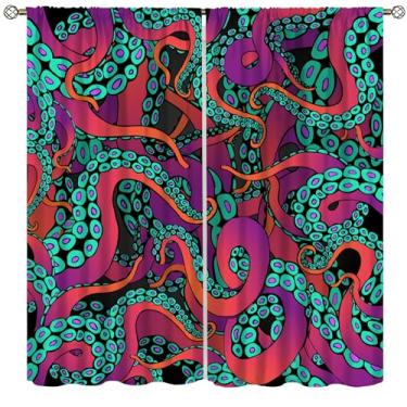 Imagem de Cortinas de polvo oceano, 3D, azul náutico, roxo, oceano, polvo, animal, monstro do mar, tentáculo, entrelaçamento, janelas, cortinas com bolso para varão, para crianças, meninos, sala de estar,