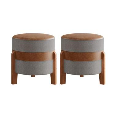 Imagem de Kit 2 puff Redondo Órion Em couro Camelo Cinza - Lojas Biliva Decor