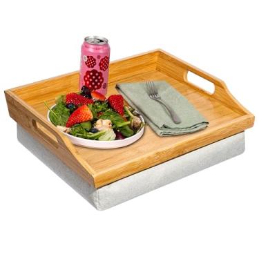 Imagem de ROSSIE HOME Bandeja de cama de madeira de bambu, mesa de colo com almofada removível, bandeja de servir - natural - serve para laptops de até 15,6 polegadas - Estilo nº 76107
