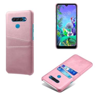 Imagem de Capas Compatível com LG Q60,Caso de couro PU-Tampa de telefone a prova de choque com 2 slots de cartão,Proteção anti-impressão digital e anti-gota-Pink