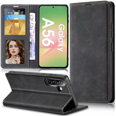 Imagem de Qissy Capa flip de couro para Samsung Galaxy A56 com proteção de dobradiça, capa carteira magnética fina [porta-cartão], proteção total à prova de choque para celular Samsung A56 5G (preto)