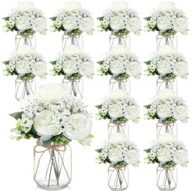 Imagem de Zeyune 12 conjuntos de decorações de mesa de centro de pedreiro, buquês de flores artificiais de peônia para bebê, flores falsas com vaso, decoração rústica de casa de fazenda para casa, casamento