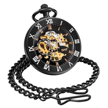 Imagem de ShoppeWatch Relógio de bolso masculino com corrente | Relógio de bolso vintage com corda manual | Relógio de bolso clássico preto com movimento mecânico | Acessório de fantasia Steampunk da estrada de