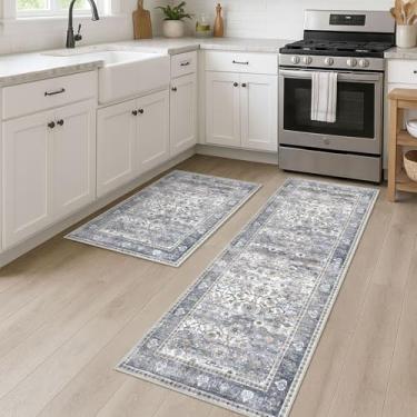 Imagem de KUTA Tapetes florais vintage para entrada, 2 peças, 2 x 3 e 5 x 15 cm, tapete cinza para entrada pequena, antiderrapante, lavável, ultrafino, macio, tapete de corredor, tapete de porta interior de