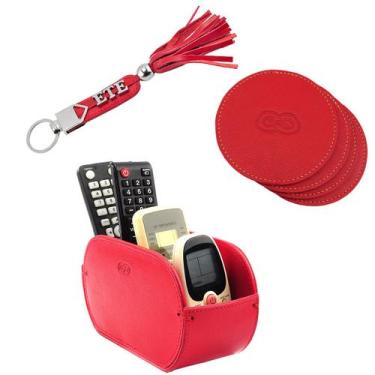 Imagem de Kit Organizador ONIX Porta Copos e Controle em Couro Galvani, Vermelho