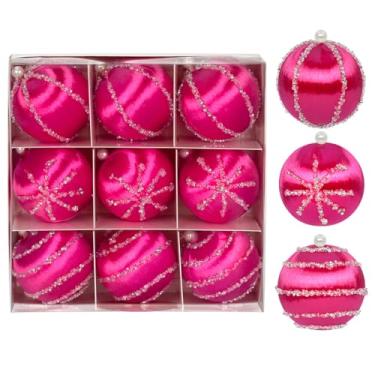 Imagem de Bolas de Natal, 9 peças, 8 cm, bolas de Natal, champanhe, pingente de decoração de árvore de presente para decoração de guirlanda de Natal (rosa rosa)