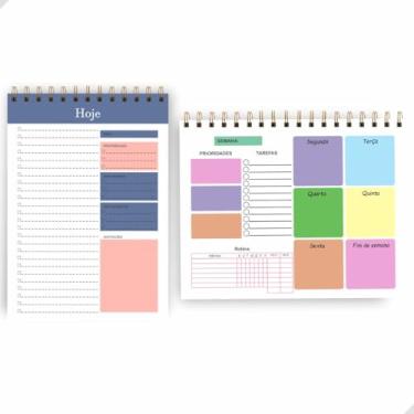 Imagem de Kit com Planner Semanal e Planner Diário 50 Folhas cada, Organizador Não Datado de Tarefas e Rotina com Espiral | Produtividade para Escritório, Estudos e home office | Capa Transparente De Acetato (Colorido + Diário Azul)