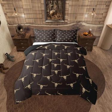 Imagem de Erosebridal Conjunto de edredom solteiro étnico boêmio com caveira, tribal, vida selvagem, asteca, decoração de quarto, cabana de fazenda, com 1 fronha, marrom