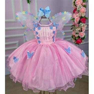 Imagem de Vestido Jardim Encantado Rosa Borboletas Azul - Tecido Misto com Forro