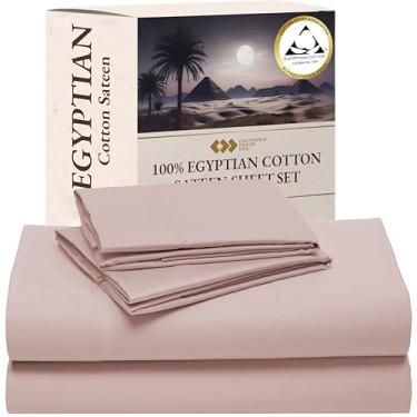 Imagem de California Design Den Jogo de lençóis Queen Size 100% algodão egípcio certificado - cetim macio, lençol de bolso profundo com elástico antiderrapante, roupa de cama luxuosa fresca e durável - Rosa