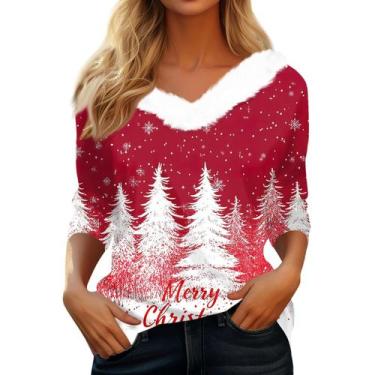 Imagem de Suéteres de Natal COTECRAM femininos de manga 3/4 com decote em V plus