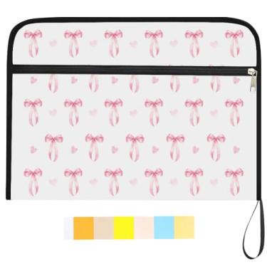 Imagem de WEBEEDY Pasta de arquivo expansível com laço rosa, 13 bolsos, organizador de arquivos sanfonado com 12 etiquetas coloridas e zíper, organizador de documentos de viagem para papel de recibo de carta