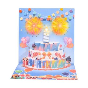 Imagem de FIAMR Cartão de aniversário pop-up 3D, design artístico de cortes de papel vazados, formato de bolo requintado com luzes coloridas e música, cartão de aniversário eletrônico romântico e surpreendente